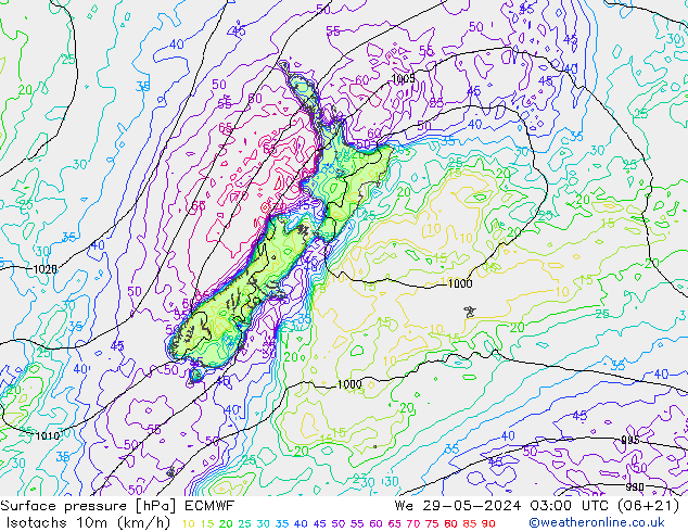 Eşrüzgar Hızları (km/sa) ECMWF Çar 29.05.2024 03 UTC