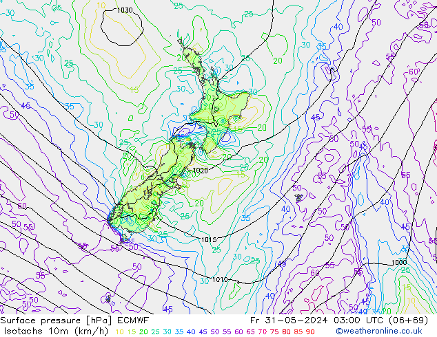 Isotachs (kph) ECMWF Sex 31.05.2024 03 UTC