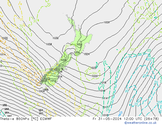 Theta-e 850hPa ECMWF Fr 31.05.2024 12 UTC