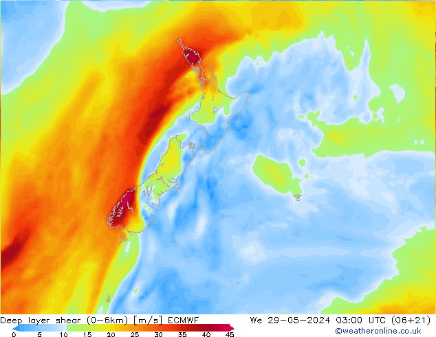 Deep layer shear (0-6km) ECMWF Qua 29.05.2024 03 UTC