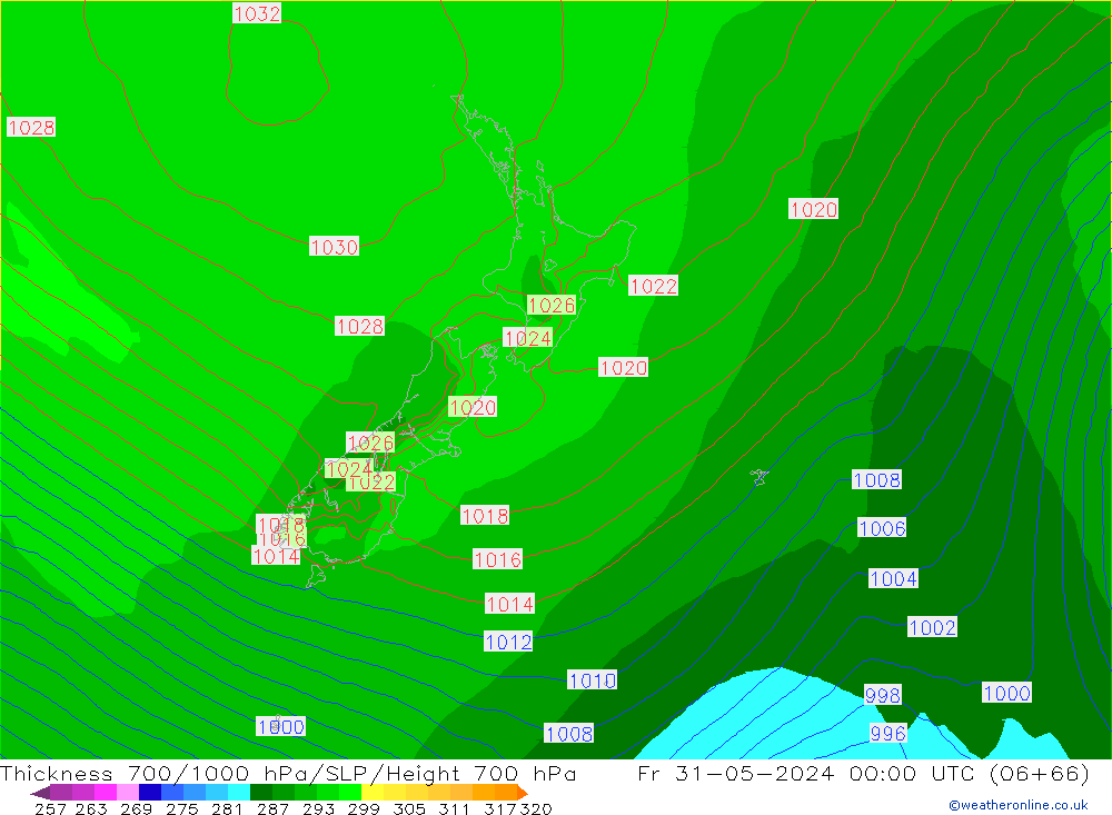 Espesor 700-1000 hPa ECMWF vie 31.05.2024 00 UTC