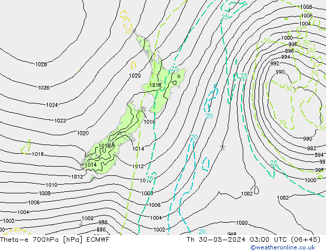 Theta-e 700hPa ECMWF czw. 30.05.2024 03 UTC