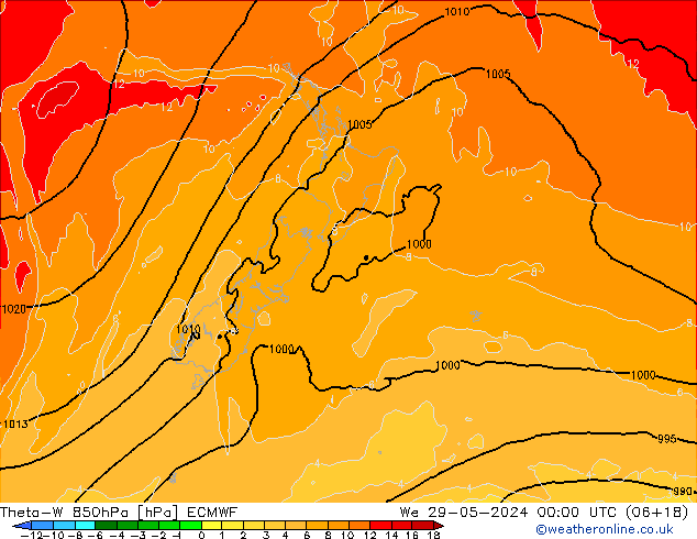 Theta-W 850hPa ECMWF śro. 29.05.2024 00 UTC