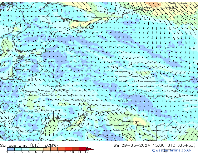 Vento 10 m (bft) ECMWF mer 29.05.2024 15 UTC