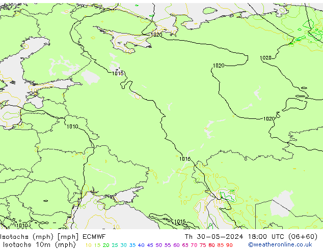 Isotachen (mph) ECMWF Do 30.05.2024 18 UTC