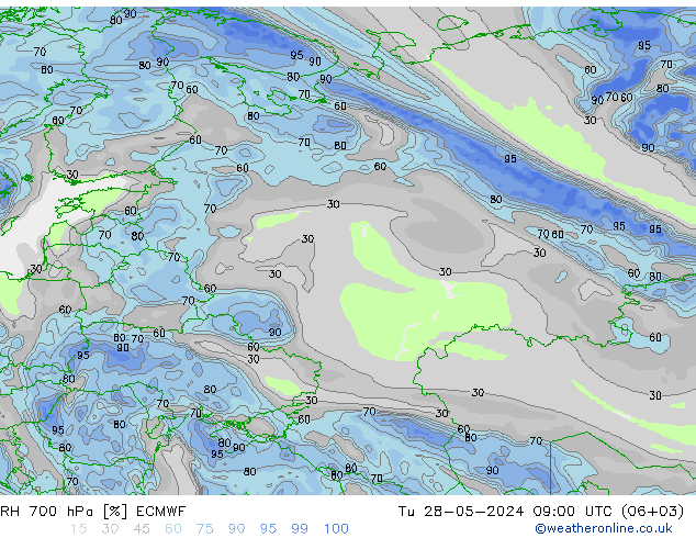 Humidité rel. 700 hPa ECMWF mar 28.05.2024 09 UTC