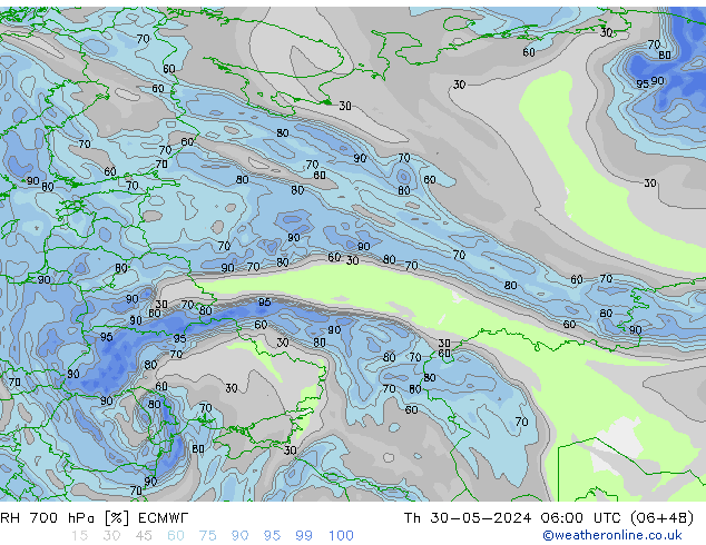 RH 700 hPa ECMWF czw. 30.05.2024 06 UTC