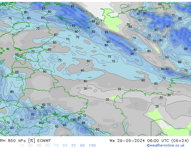 RH 850 hPa ECMWF śro. 29.05.2024 06 UTC