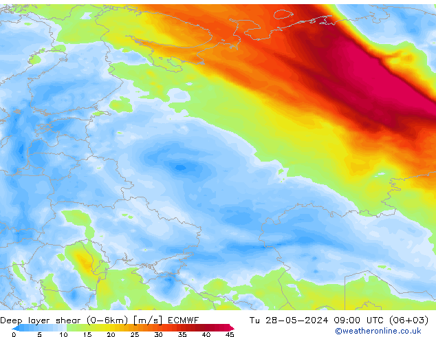 Deep layer shear (0-6km) ECMWF  28.05.2024 09 UTC