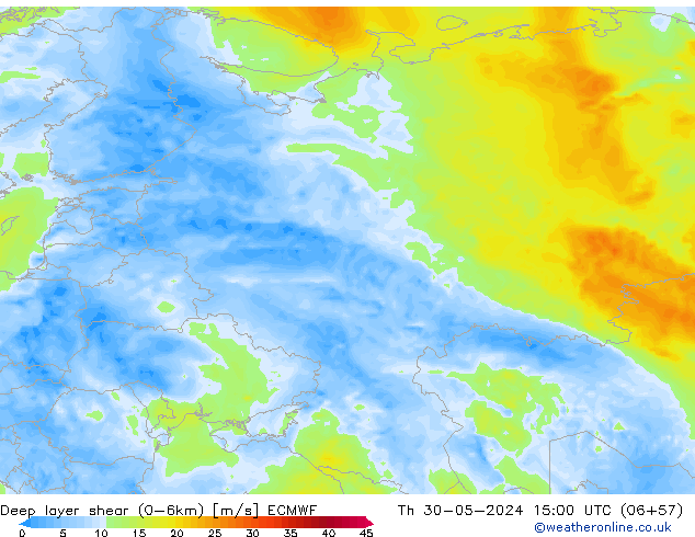 Deep layer shear (0-6km) ECMWF Th 30.05.2024 15 UTC