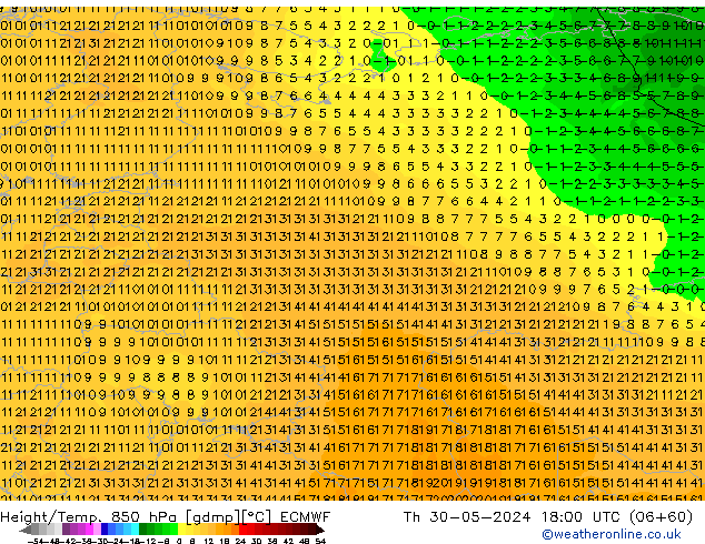 Z500/Rain (+SLP)/Z850 ECMWF gio 30.05.2024 18 UTC