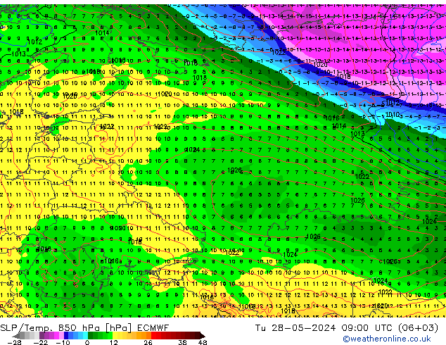 SLP/Temp. 850 hPa ECMWF Tu 28.05.2024 09 UTC