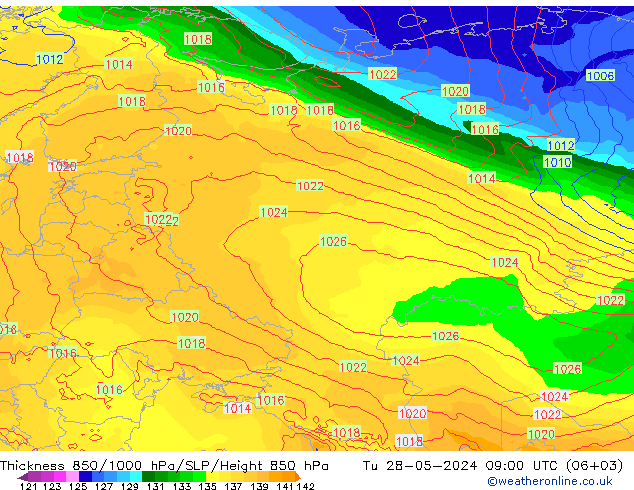 Espesor 850-1000 hPa ECMWF mar 28.05.2024 09 UTC