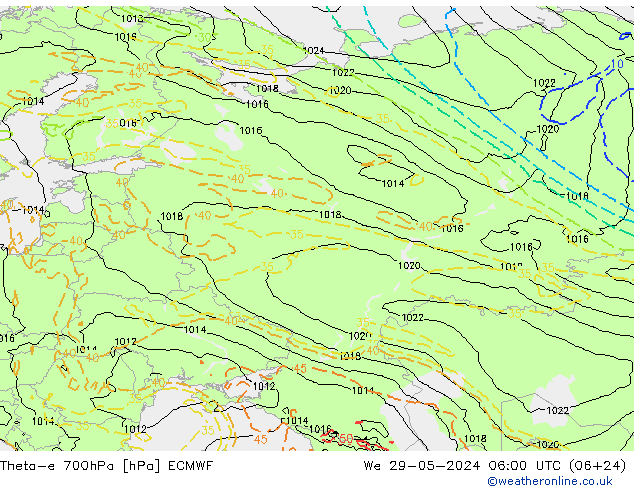 Theta-e 700hPa ECMWF śro. 29.05.2024 06 UTC