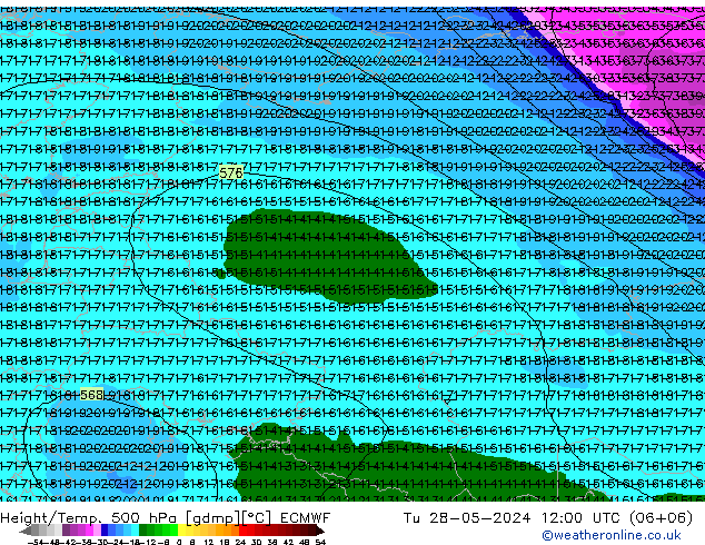 Z500/Rain (+SLP)/Z850 ECMWF Út 28.05.2024 12 UTC