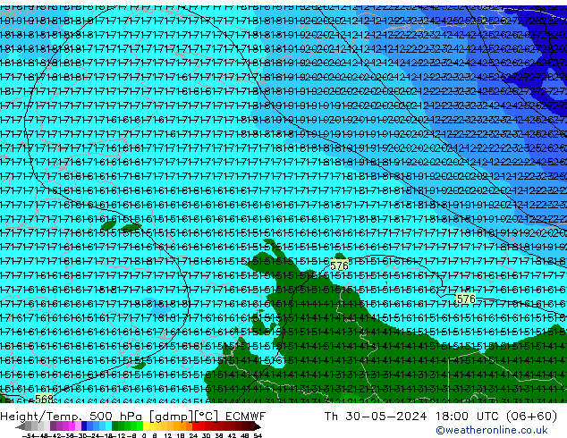 Z500/Rain (+SLP)/Z850 ECMWF gio 30.05.2024 18 UTC