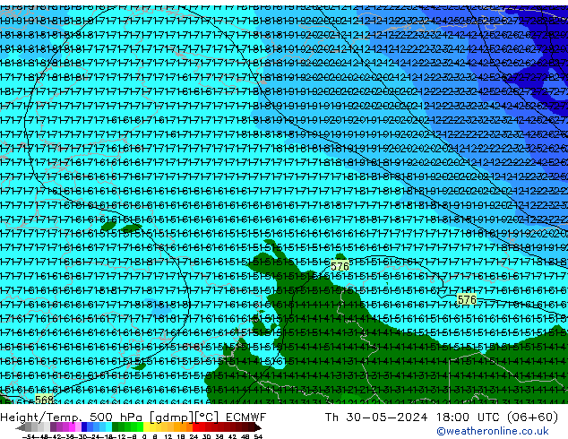 Z500/Rain (+SLP)/Z850 ECMWF Čt 30.05.2024 18 UTC