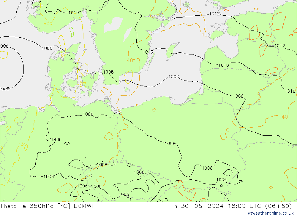 Theta-e 850hPa ECMWF Čt 30.05.2024 18 UTC