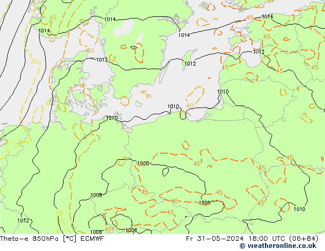 Theta-e 850hPa ECMWF Pá 31.05.2024 18 UTC