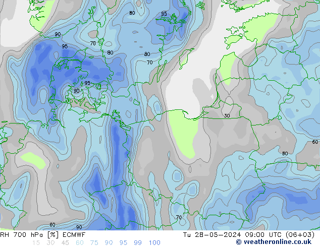 RH 700 hPa ECMWF Di 28.05.2024 09 UTC