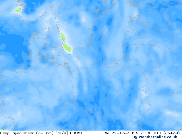 Deep layer shear (0-1km) ECMWF wo 29.05.2024 21 UTC