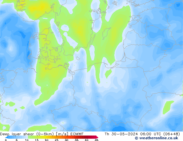 Deep layer shear (0-6km) ECMWF Th 30.05.2024 06 UTC