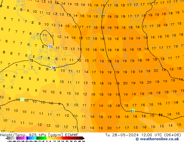 Height/Temp. 925 hPa ECMWF Tu 28.05.2024 12 UTC