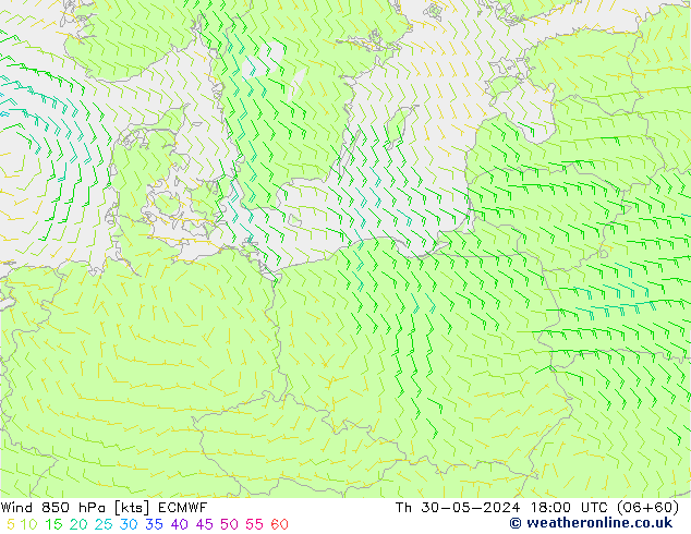 wiatr 850 hPa ECMWF czw. 30.05.2024 18 UTC