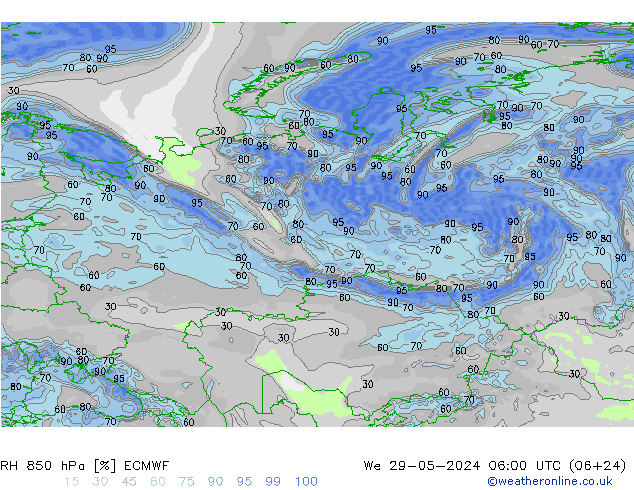 Humidité rel. 850 hPa ECMWF mer 29.05.2024 06 UTC