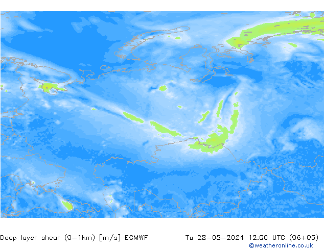 Deep layer shear (0-1km) ECMWF Sa 28.05.2024 12 UTC