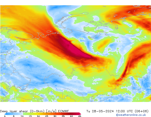 Deep layer shear (0-6km) ECMWF Ter 28.05.2024 12 UTC