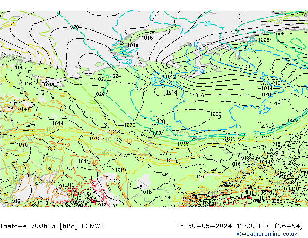 Theta-e 700hPa ECMWF jue 30.05.2024 12 UTC