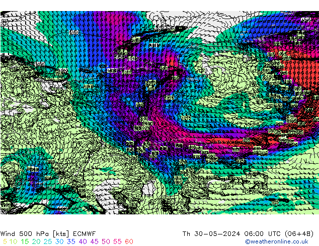 Viento 500 hPa ECMWF jue 30.05.2024 06 UTC