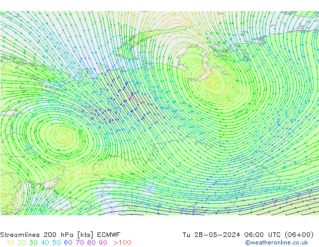 Linia prądu 200 hPa ECMWF wto. 28.05.2024 06 UTC