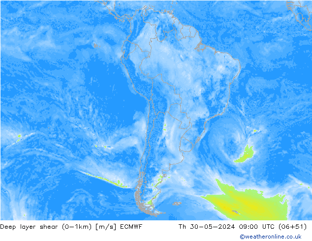 Deep layer shear (0-1km) ECMWF Čt 30.05.2024 09 UTC