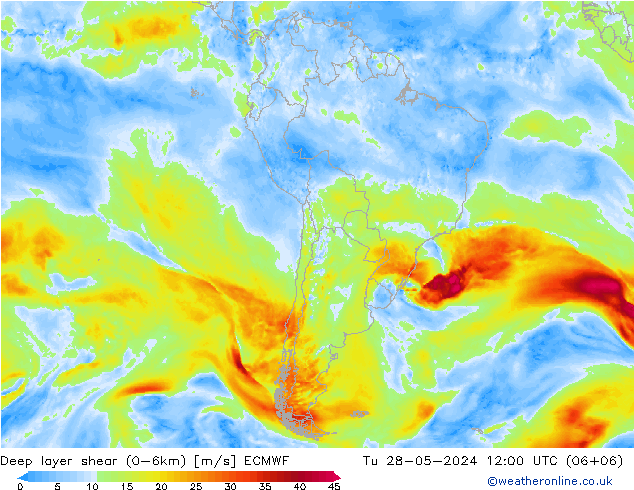 Deep layer shear (0-6km) ECMWF wto. 28.05.2024 12 UTC