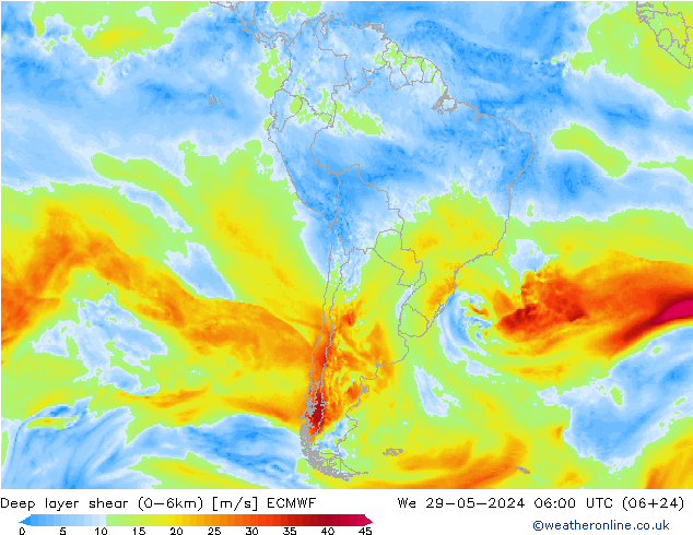 Deep layer shear (0-6km) ECMWF wo 29.05.2024 06 UTC