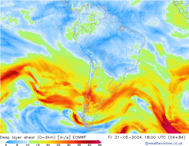 Deep layer shear (0-6km) ECMWF Fr 31.05.2024 18 UTC