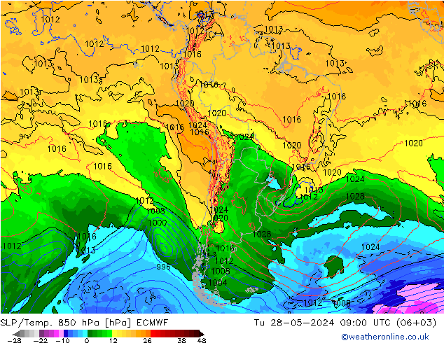 SLP/Temp. 850 гПа ECMWF вт 28.05.2024 09 UTC