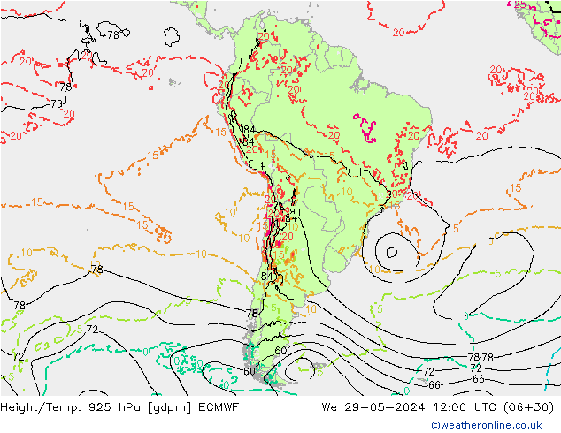 Height/Temp. 925 hPa ECMWF śro. 29.05.2024 12 UTC