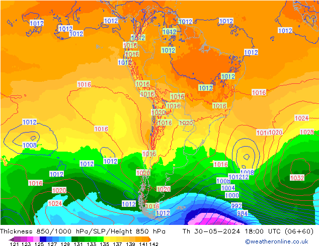 Espesor 850-1000 hPa ECMWF jue 30.05.2024 18 UTC