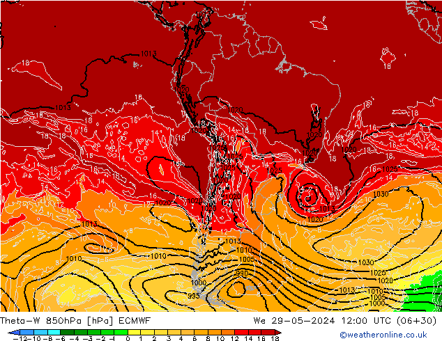 Theta-W 850hPa ECMWF śro. 29.05.2024 12 UTC