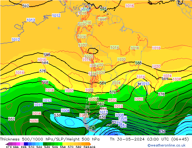 Espesor 500-1000 hPa ECMWF jue 30.05.2024 03 UTC