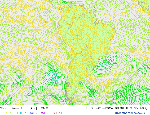 Linea di flusso 10m ECMWF mar 28.05.2024 09 UTC