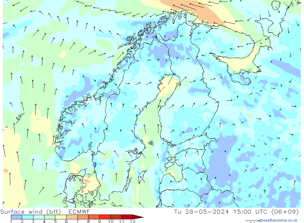 Surface wind (bft) ECMWF Tu 28.05.2024 15 UTC