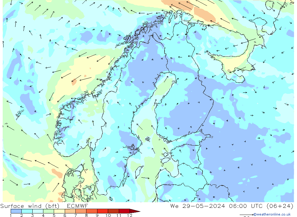 Wind 10 m (bft) ECMWF wo 29.05.2024 06 UTC