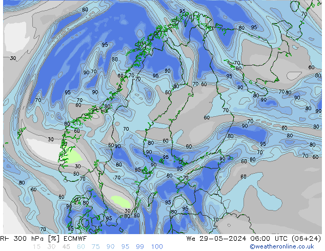 Humidité rel. 300 hPa ECMWF mer 29.05.2024 06 UTC