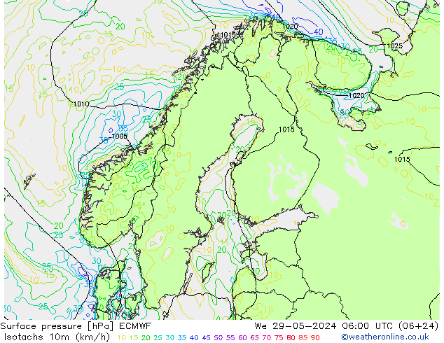 Isotachs (kph) ECMWF  29.05.2024 06 UTC