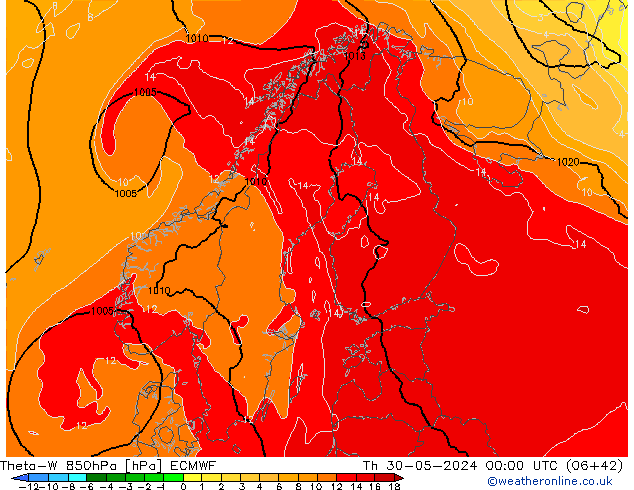 Theta-W 850hPa ECMWF Qui 30.05.2024 00 UTC