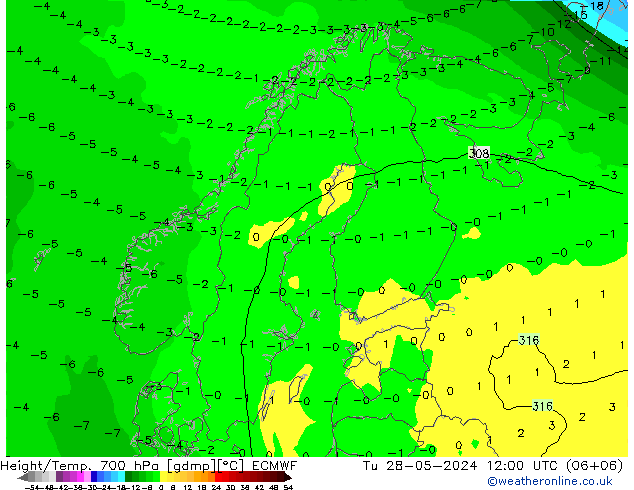 Height/Temp. 700 hPa ECMWF Tu 28.05.2024 12 UTC